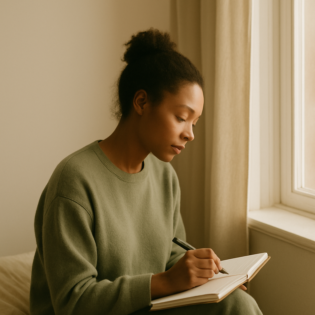 A person journaling quietly by a window in warm morning light